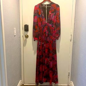 Bebe Magenta, Pink and Black Floral Cut Out Maxi Dress w/ Built In Shorts Sz US4